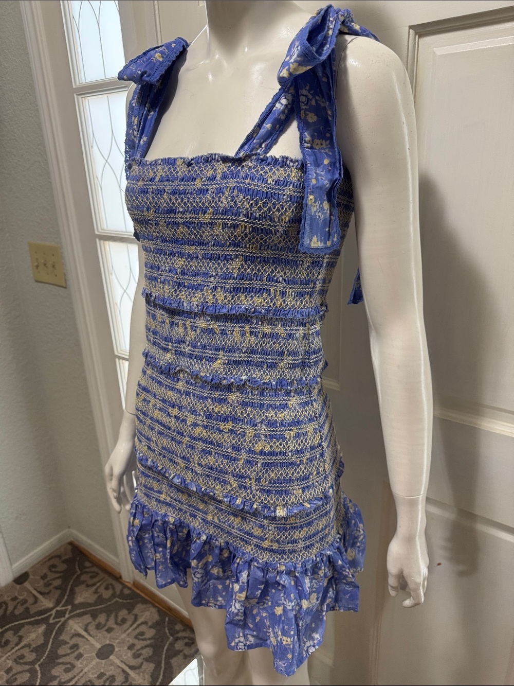 LoveShackFancy Belle Smocked Tie Straps Cotton Mini Dress Blue Jay Floral Print - Picture 6 of 13